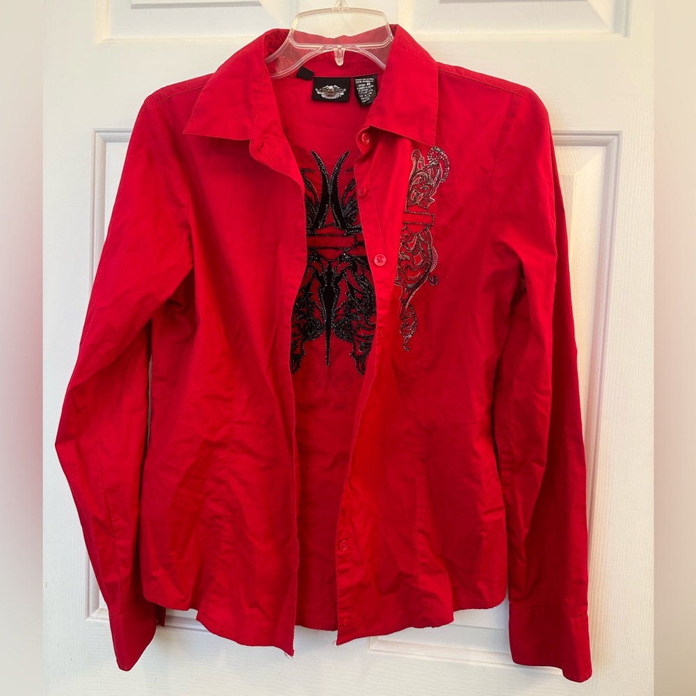 Red Harley Davidson Button Down Long Sleeve Motorcycle Women’s S Sparkle